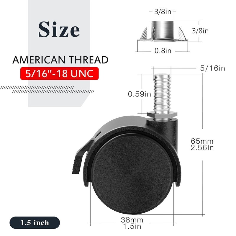ANDUTEES Stem Casters, 1.5 Inch Furniture Casters Set of 4, Threaded Stem Diameter 5/16" Plastic Locking Caster Wheels, Black Swivel Small Castors with T-Nuts, for Table, Cabinet, Storage Rack - Image 2